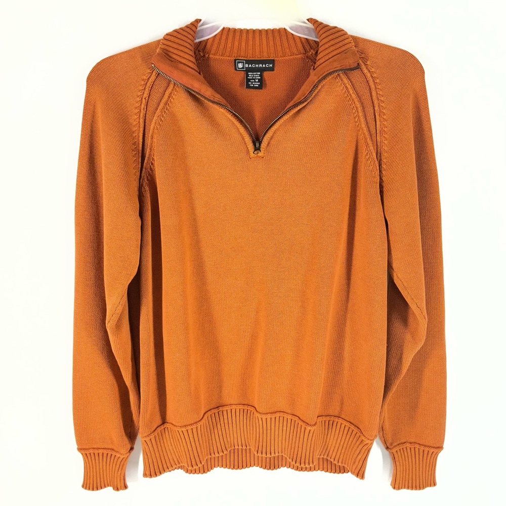 Bachrach Men's‎ Quarter Zip Cotton Sweater Pullover Vibrant Orange Size Medium